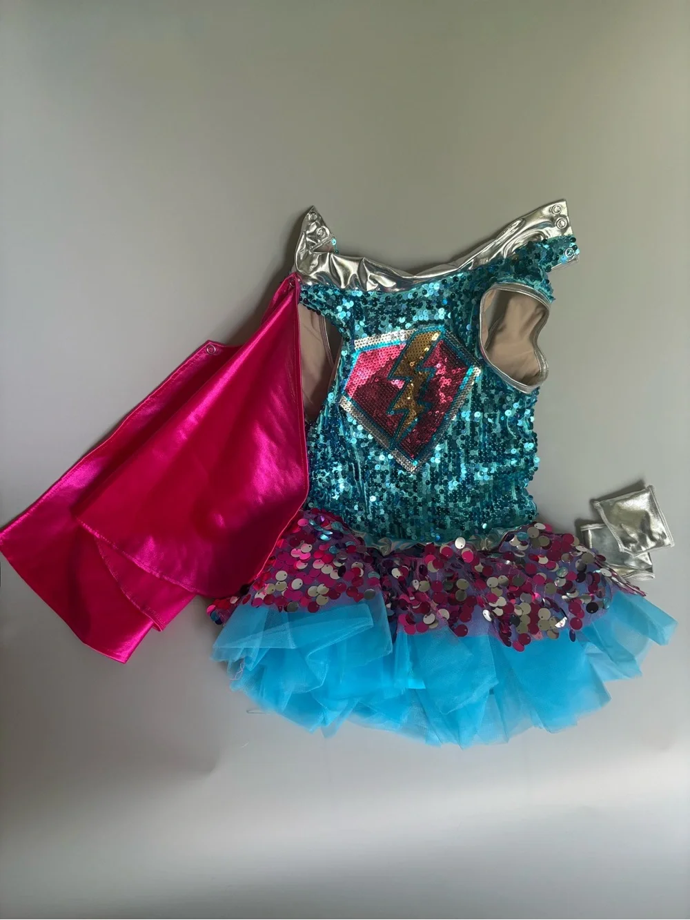 Weissman Teal Sequin Superhero Dress with Hot Pink Cape